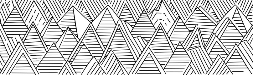 geometric mountain pattern with hand drawn linear peaks in black and white vector