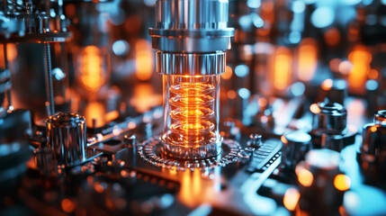 Fototapete - This visual presents a close-up of a quantum processing unit, highlighting qubit superposition and entanglement surrounded by intricate circuitry.