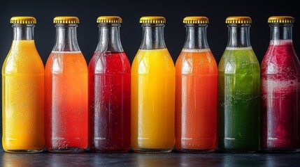 Aufkleber - A variety of bottled drinks in different colors lined up in a row on a dark surface. Each bottle showcases unique hues, from bright orange to deep green, creating an inviting display.
