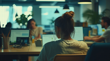 Poster - Rear view of woman working at desk with computer in modern office