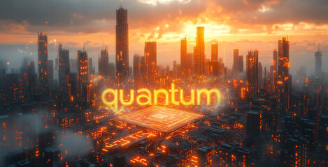 Fototapete - A vibrant city skyline displays advanced quantum technology amid towering buildings.