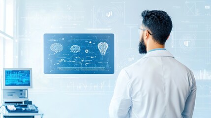 Poster - Scientist Analyzing Futuristic Data Interface in Laboratory Setting