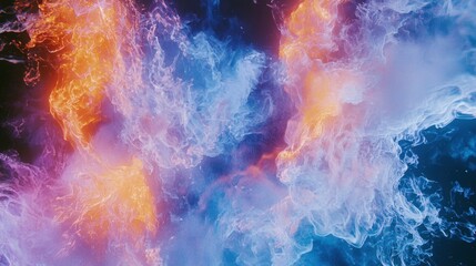 Poster - Swirls of colorful smoke interlace with bursts of light, creating a captivating abstract formation. This dynamic display mesmerizes viewers during a nighttime celebration