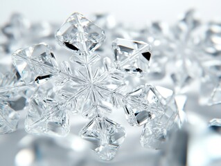 Poster - Captivating macro shot of crystal snowflakes glistening on a soft white surface creating a magical winter mood with shallow depth of field and clean background