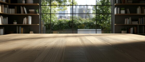 Poster - Sunlight on Wooden Table with Bookshelves and City View Background for Product Display Mockup Interior Design