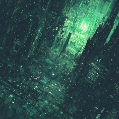 Poster - An abstract green digital cityscape representing urban architectural elements