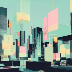 Poster - Abstract architecture shows floating buildings of various geometrical shapes and sizes