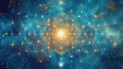 Wall Mural - An abstract digital artwork featuring interconnected glowing geometric shapes