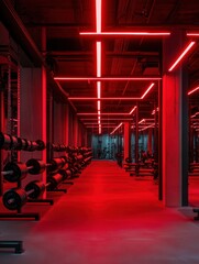 Poster - Modern gym interior with red neon lights illuminating rows of weights and equipment for intense workout