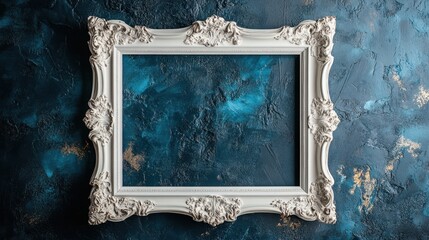 Poster - Ornate white frame on textured dark blue wall creating a captivating visual mood for artistic display and creative expression