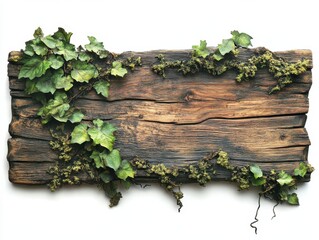 Poster - Rustic wooden plank adorned with lush green ivy and moss creating a natural and organic background element for design