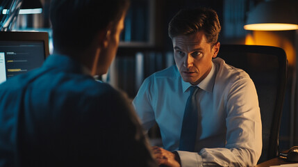 Poster - Intensity burns under the office lamp as important talks continue late