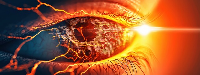 Poster - Close-up of an Eye with Electric Energy and Digital Patterns