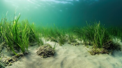 Poster - Serene underwater scene showcasing vibrant seagrass meadows on a sandy seabed with sunlight filtering through the water column creating a tranquil aquatic environment