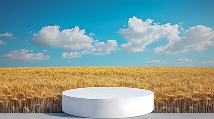 Poster - Beautiful white round table set amidst a golden wheat field creating a stunning visual contrast in nature's canvas