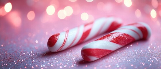 Poster - Festive Candy Canes on Sparkling Pink Surface Capturing Holiday Cheer with Bokeh Lights and Shallow Depth of Field for Christmas Celebrations