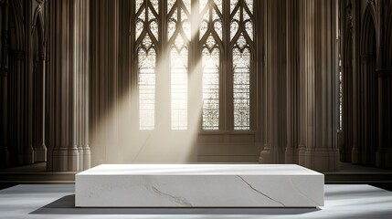 Poster - Large white marble bench situated within a beautiful church setting enhancing the architectural elegance and serenity
