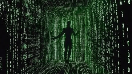 Silhouette figure in data stream, digital future