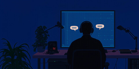 Poster - Digital Dialogue: A silhouette of an individual, immersed in the digital realm, engaging in a virtual conversation displayed on a computer screen in a dimly lit room.