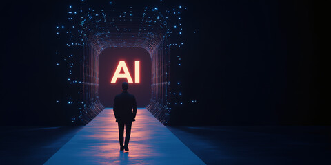Poster - Navigating the AI Frontier: A lone figure strides purposefully towards an illuminated portal, emblazoned with the letters 