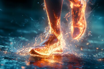 Fototapete - Fiery Footsteps: Bare feet ignite with flames as they stride confidently over wet pavement, embodying a sense of power and the dynamic fusion of elements.