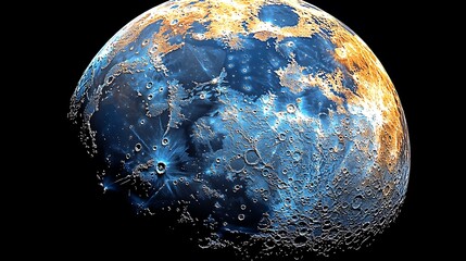 artistic rendering of a celestial body, showing craters and color variations.