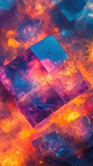 Poster - Abstract Cubic Mineral Formation with Fiery Hues and Geometric Precision Captivating Visual Texture and Depth Mineralogy