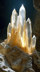 Poster - Captivating Cluster of Quartz Crystals Illuminated by a Radiant Light Source in a Dark Cave Setting