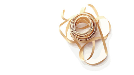 High-angle, close-up shot of several gold-colored ribbons arranged in a loosely coiled and overlapping pattern on a pure white background. The ribbons appear to be satin or a similar smooth