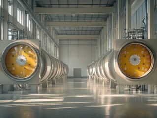 Poster - Industrial interior featuring large cylindrical machinery in a bright spacious factory setting