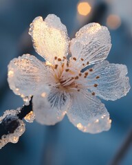 Poster - Frozen blossom in winter sunlight a delicate flower covered in ice crystals shines against a blue background capturing the beauty of nature