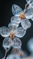 Poster - Frozen floral beauty delicate ice crystals encasing spring blossoms on a branch against a dark background winter's touch macro photography
