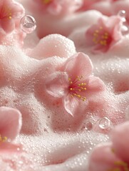 Poster - Serene pink cherry blossoms floating on a soft bed of bubbly foam creating a calming spa experience
