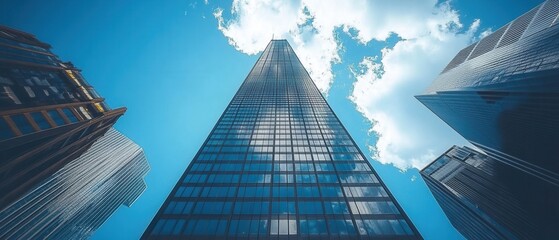 Poster - Upward view of modern skyscrapers against a bright blue sky with fluffy clouds capturing urban architecture and city development with a low angle shot