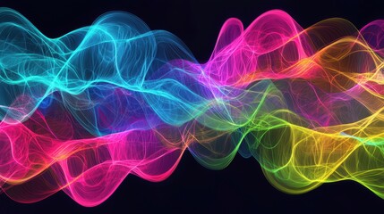 Poster - Bright waves in shades of blue, pink, and green intertwine against a dark background, creating a mesmerizing visual experience reminiscent of sound waves