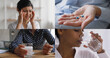 © fizkes - Close up crop shot of multiethnic young and aged women experiencing discomfort, holding medication, drinking glass of water, and taking pills. Treatment, health-care, illness and recovery collage view