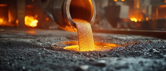 Poster - Molten Metal Pouring from Ladle into Casting Mold in Foundry Industrial Setting with Intense Heat and Glow Casting Process