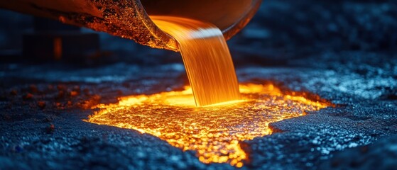 Poster - Mesmerizing Display of Molten Metal Pouring from Crucible Casting a Warm Glow on Rough Industrial Surface