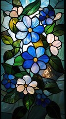 Poster - Floral Stained Glass Artistry Showcasing Blue Flowers and Green Leaves in a Translucent Mosaic Design
