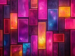 Poster - Geometric arrangement of neon acrylic panels on a matte dark surface, creating a futuristic glowing contrast