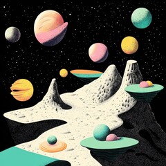 Wall Mural - A whimsical illustration of planets and mountainous alien landscape