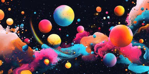Wall Mural - Colorful spheres and clouds float in a dark starry space