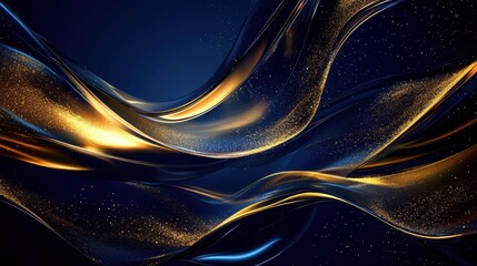 Fototapete - Fluid waves of gold and blue intertwine smoothly, creating a captivating abstract effect. This vibrant design showcases shimmering particles that evoke a sense of motion and depth