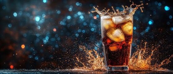 Poster - Refreshing cola drink with ice cubes and splash in a glass against a dark bokeh background creating a vibrant and energetic mood perfect for advertising
