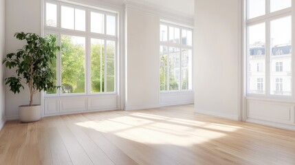 Poster - Bright studio room with a modern aesthetic, featuring white walls, light wood floors, and large windows. A calm and inviting space. Copy space.