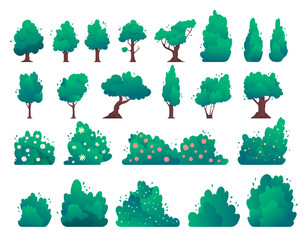 Poster - cartoon color different types of green trees and bushes set concept flat design style. vector illust