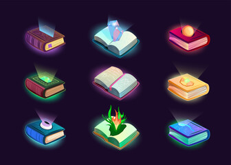 Poster - cartoon color different game alchemy books set concept flat design style. vector illustration of mag