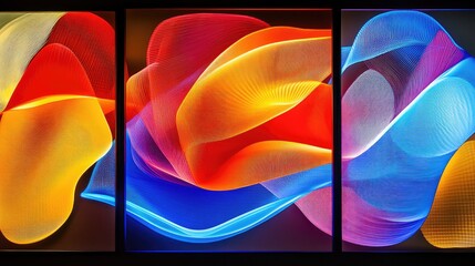 Poster - Close-up view of a glowing, digital display screen with abstract lines and shapes on a dark background. Copy space.