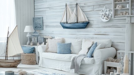 Poster - Coastal-inspired lounge room with whitewashed furniture, nautical decor, and a fresh, airy feel. Copy space.