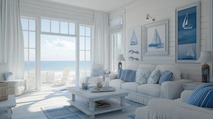 Poster - Coastal-inspired lounge room with whitewashed furniture, nautical decor, and a fresh, airy feel. Copy space.